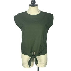 Vibe Woman's Army Green Tie Front Short Sleeve Shoulder Pads‎ Blouse Size Small